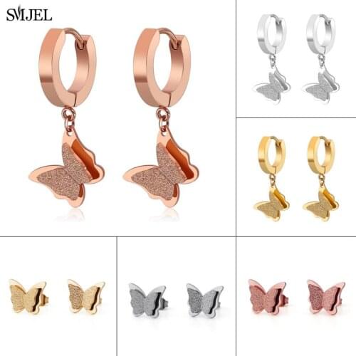 SMJEL Double Butterfly Earrings for Women Wedding Jewelry Small Earrings Rose Gold Animal Butterfly pendientes Hoops Girls Gifts