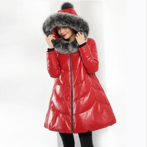 Winter sheep leather coats big natural fox fur duck down coat female fox fur hooded thicker long warm leather down coats F1956