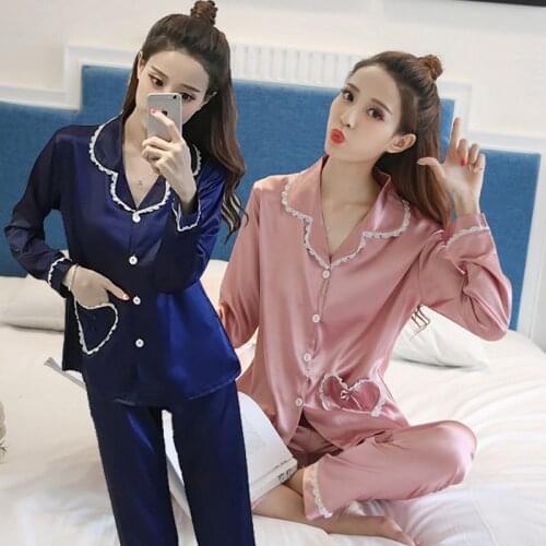 2020 Autumn Long Sleeve Silk Satin Pajamas Sets Women Korean Cute Lace Sleepwear Suit Pyjamas Homewear Pijama Mujer Home Clothes