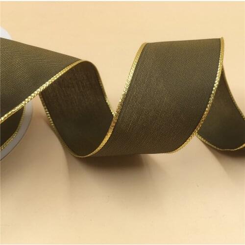 38mm 25Yards Christmas Ribbon Festival Wired Coffee Webbing With Gold Thread For Decoration New Year Gift Wrapping 1-1/2"