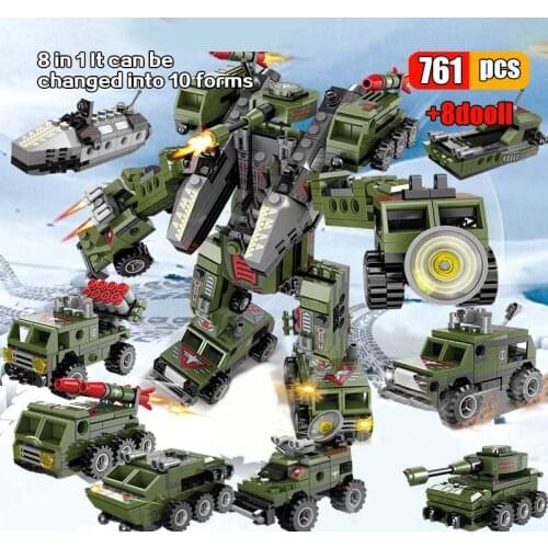 761Pcs 8in1 Militaty Missile Series Building Blocks Deformation Robot Car Military Vehicle Tractor Tank Toys Bricks For Children