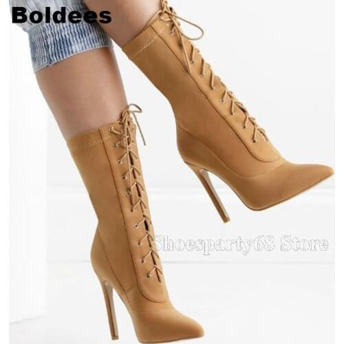 New Designer Yellow Black Leather Pointed Toe Winter Fall High Heels Boots Women Lace Up Thin High Heeled Mid-calf Boots