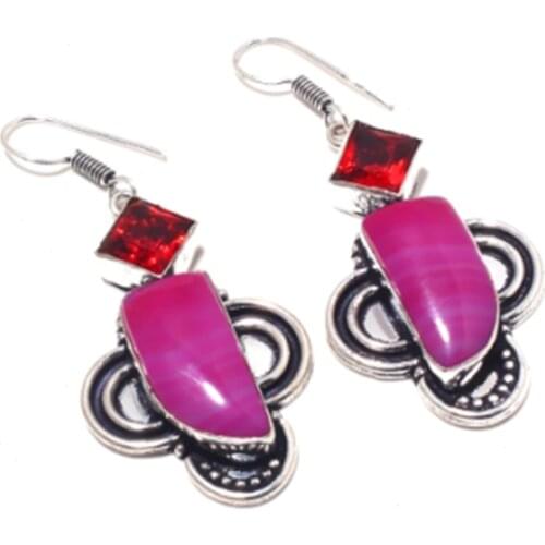 Botswana Agates,Garnets, Silver Overlay on Copper Earrings ,59mm , FRE0016