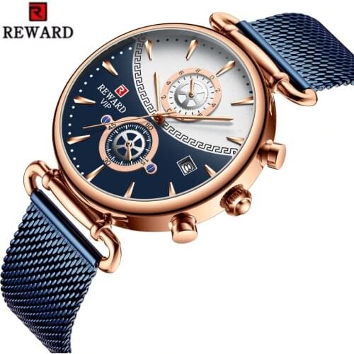 REWARD Luxury Sport Men Watch Top Brand Blue Stainless Steel Mesh Chronograph Watch Men Waterproof Watch relogio masculino 2020