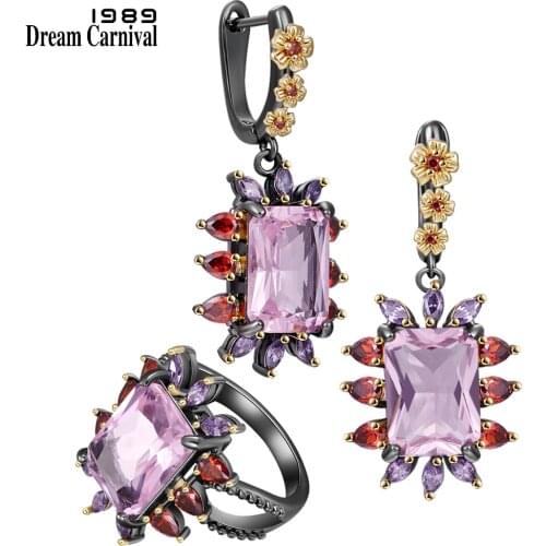 DreamCarnival1989 New Statement Jewelry Set for Women Rings + Earrings Pink Zirconia Wedding Party Fashion Eye Catching ER4035S2