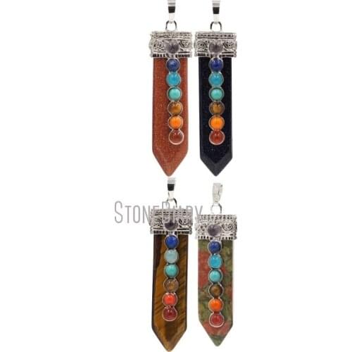 PM39495 Stone Chakra Healing 7 Chakra Stone Pendant Jewelry Silver Plated Stone 7 Chakra Ensiform Pendant