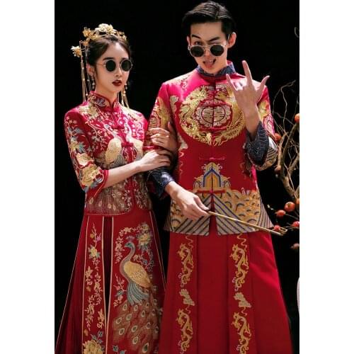 Red Gold Chinese Traditional Couple Wedding Dress Embroidery Long Cheongsam Stylish Elegant Bride Vintage китайская одежда