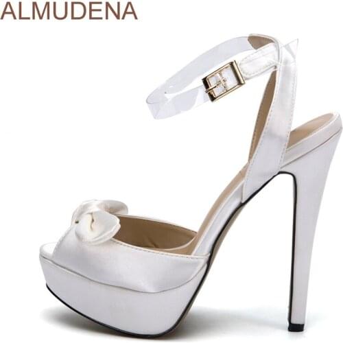 ALMUDENA Sweet Stylish White Satin Fabric Dress Sandals Exquistie Thin High Heel Bowtie Pumps Platform Butterfly-knot Party Shoe