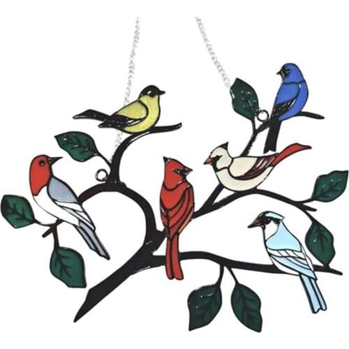 Multicolor Birds On A Wire High Stained Glass Window Panel Home Decor Hanging Catcher Home Decoration-ABUX
