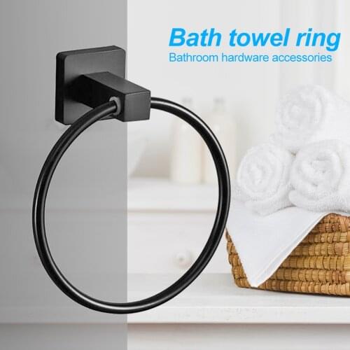 Simple Wall-Mounted Round Towel Ring Matte Black Stainless Steel Clothes Rack Bathroom Supporter Hardware Accessories
