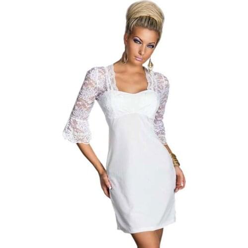Wendywu New Sexy Lace Patchwork Half Sleeve Solid White Bodycon Mini Dress for Women