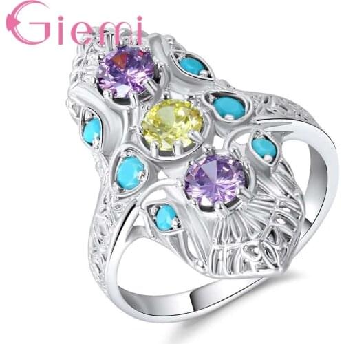 New Trendy Luxury Wide 925 Sterling Silver Ring Settling Round Champagne Purple Blue Crystal Party Jewelry Bague