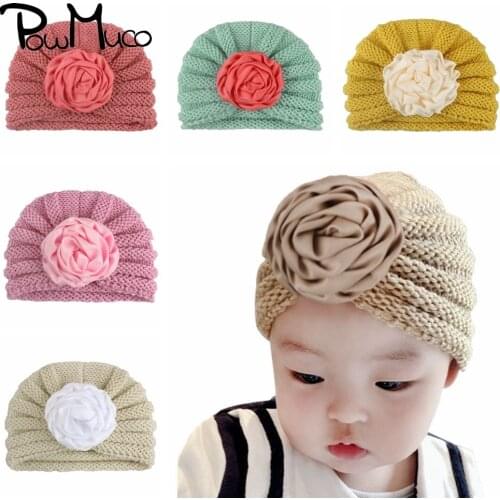 Powmuco New Autumn and Winter Warm Hats Fashion Knitted Striped Wool Infant Caps Handmade Flower Headwear Clothing Accessories