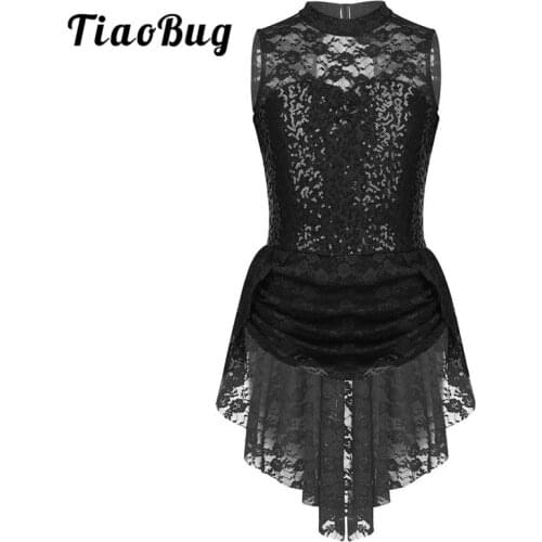 TiaoBug Kids Sleeveless Sequins Floral Lace Figure Skating Dress Ballet Gymnastics Leotards for Girls Performance Dance Costume