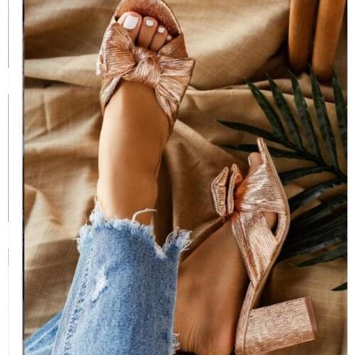 Women sandals PU Slip On 11.5CM Square heel High heels Round Toe Butterfly-knot Shallow sandal women shoes 2020 size 35-42