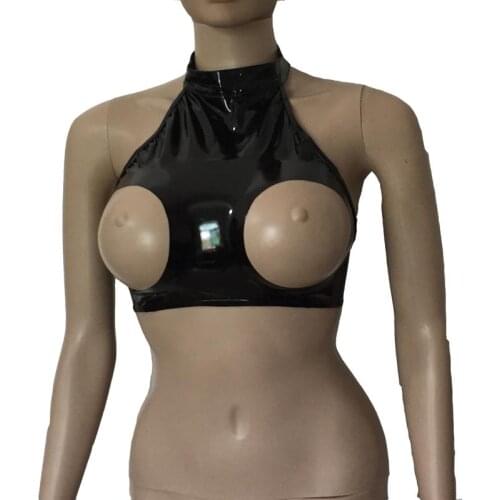 Sexy Women Patent Leather Open Cupless Bra Tops Wetlook T-Shirt Crop Blouse Vest Bralette Lingerie Underwear