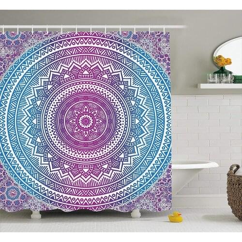 Blue and Pink Shower Curtain Ombre Mandala Floral Star Medallion Pattern Ethnic Style Bohemian Wall Decoration Hanging Curtains
