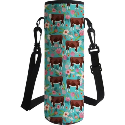 Floral Cow Printed Water Bottle Bag Big Water Bottle Sleeve Neoprene Cover Portable Bottle Holder Adjust Strap for 1000ml