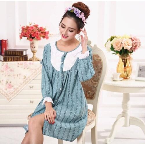 Spring And Autumn 100% Cotton Ladies Long Sleeve Casual Sexy Open Button Embroidery Lace Oversized Nightgown Sleepwear Пижама