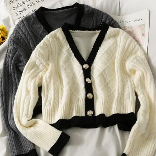 Vintage Twist Knitted Sweater Cardigan Womens Autumn Winter V-neck Solid Loose Single Breasted Plaid Sweater Causal Knitwear