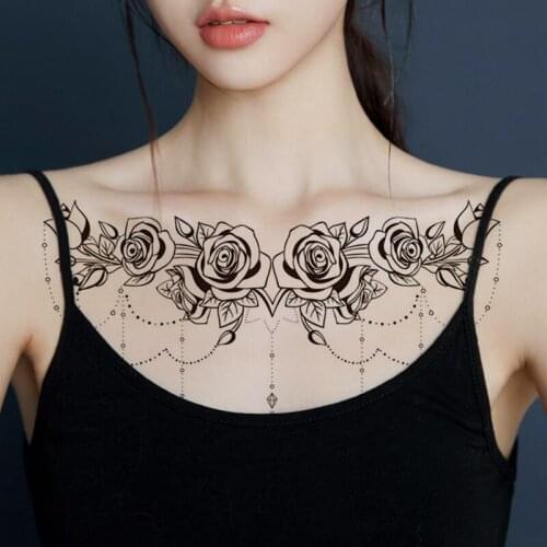 Waterproof Temporary Tattoo Sticker Black White Rose Pearl Chain Flash Tattoo Female Black Sexy Body Art Chest Fake Tattoo Male