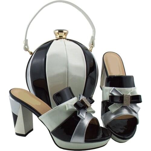 Wonderful white and black women shoes with knot design african shoes and handbag set for dress MD003,heel 9CM