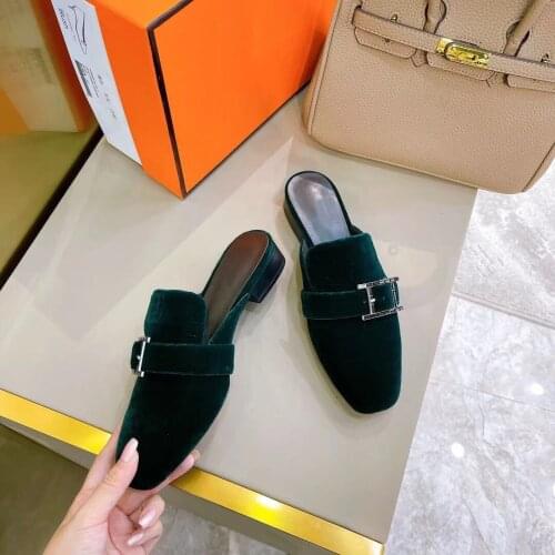 2021 Newest Spring Shoes Woman Mules Slippers Concise Flock Woman Slippers Metal Decora Woman Slippers Round Toes Woman Slippers