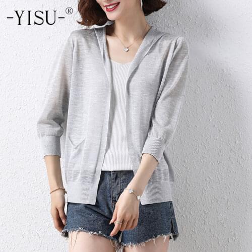 YISU Women Cardigan Hooded collar Solid color Pocket Cardigan Coat Short sleeve Sweater Summer Tops Thin Casual Knitted Coat
