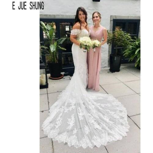 E JUE SHUNG Charming Long Mermaid Wedding Dresses Off Shoulder Backless Sweetheart Lace Appliques Bridal Gowns Robe De Mariee