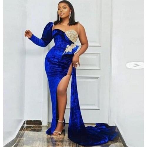 African Evening Dress Mermaid Plus Size Sheer Neck One Shoulder Prom Dress Side Split Aso Ebi Party Wear robe de soiree