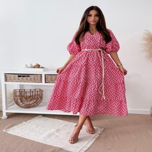 Summer Dress Women Robe Femme Print A-Line Y2K Dresses Bandage Lantern Sleeve Long Dress For Women Cothing 2021 Vestido De Mujer