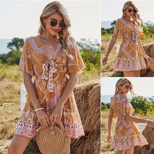 Boho Dresses for Women Casual Dress Vintage Beach Tunic Capes Ladies Beachwear Print Floral Bowknot Bind Dress