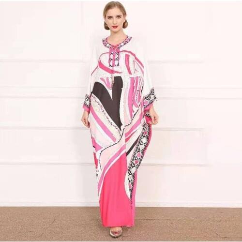 Geometric Print Batwing Full Sleeve Maxi Dress Women Vintage Deep V Neck Floor Length Dress Summer Female Bohemian Beach Dress