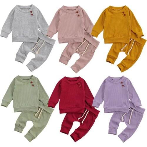 2020 0-24M Newborn Baby Boy Girl Fall Clothing Casual 2pcs Button Solid Color Long Sleeve Top T-shirt+Harem Long Pants 6 Colors