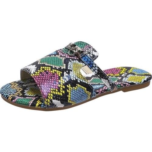 2021 Flat Sandals Women Summer PU Sandals Beach Slides for Women Snakeskin Clear Sandals Plus Size 36-43