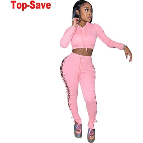 2021 Autumn Fashion Lace Up Solid Sexy Hollow Sweater Two Piece Set Women High Waisted Pencil Pants Leggings Vacation Outfits