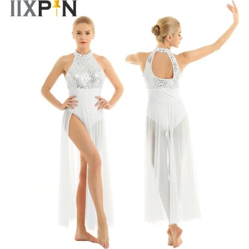 Ballet Women Sleeveless Halter Shiny Sequin Ballet Leotard Adult Stage Lyrical Dance Costumes Ballet Tutu Maxi Mesh Dance Dress