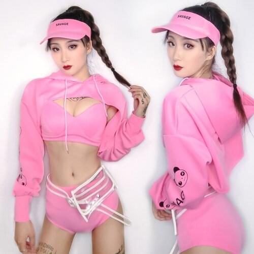 Women Jazz Dance Wear Long Sleeves Hoodies Pink Suit Bikini Sexy Hip Hop Outfits Rave Nightclub Singer DJ Gogo Costume VDB2422