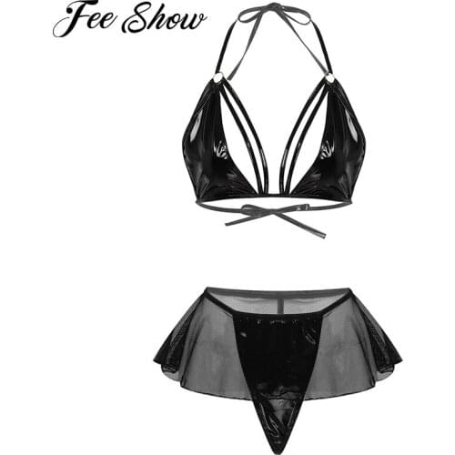 Women Two-piece Exotic Sets Patent Leather Lingerie latex suit Nightwear Halter Lace-up Unlined Bra with Skirted G-string Thongs