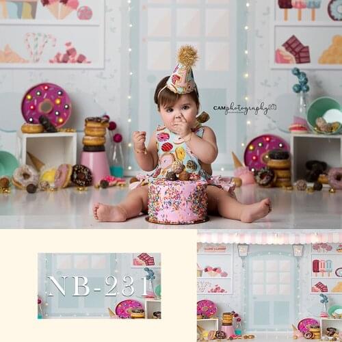 Candy Bar Ice Cream Parlor Celebration Background Baby 1st Birthday Party Studio Banner Custom Background for Photography