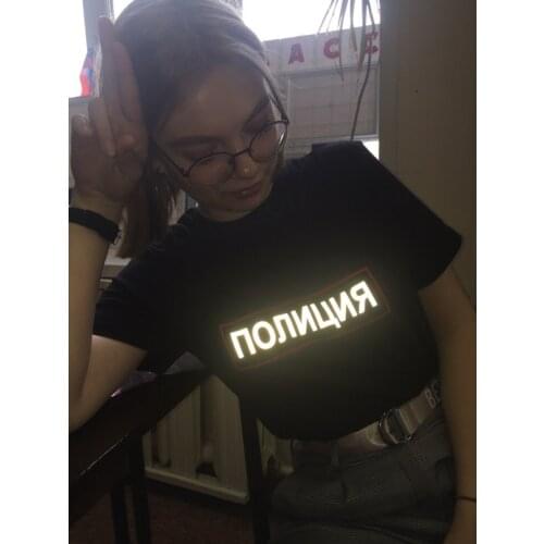 Womens Black T-shirt Vintage Reflective Tee Female Tshirt With Russian Letter Printed ПОЛИЦИЯ Summer Shirt Cotton Top