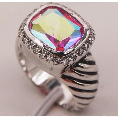 Rose Rainbow Crystal Zircon White Crystal Zircon 925 Sterling Silver Ring Size 6 7 8 9 10 F653 Fashion