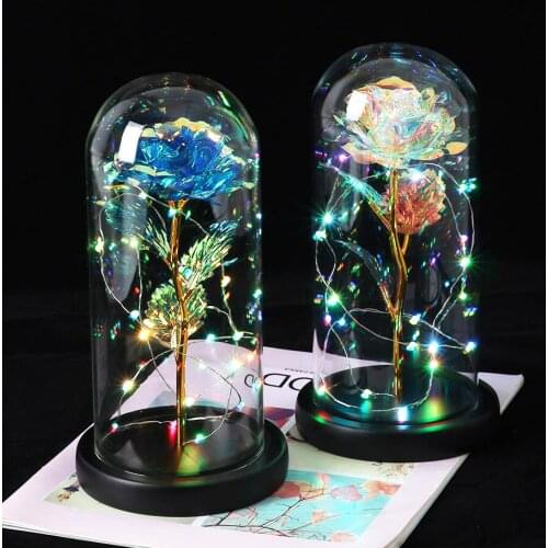 Beauty And The Beast Red Rose In Flask A Glass Dome On A Wooden Base For Colorful LED flower Lamps Valentines Day wedding Gift