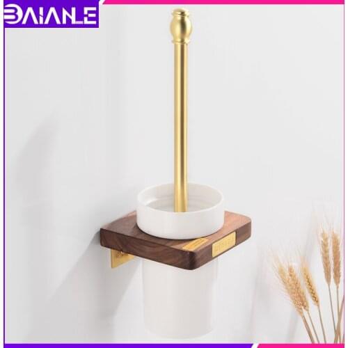 Toilet Brush Holder Set with Ceramic Cup Wood Brass Wall Mounted Toilet Brush Holder Bathroom Clean Cleaning Brush Accessories
