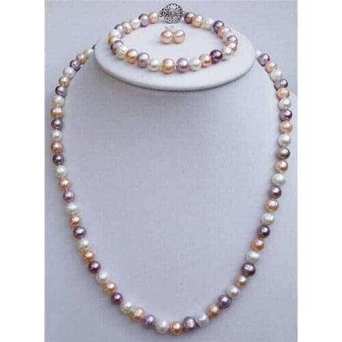 7-8mm Multicolor Akoya Cultured Pearl Necklace + Bracelet + Earrings Set