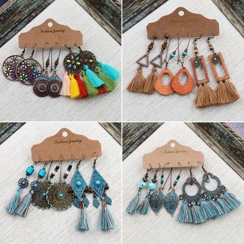 Jastie Retro earring set combination female ethnic style earrings round metal tassel earrings Bohemian hand-woven accessory