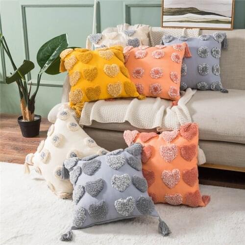 Heart Embroidery Cushion Cover Tassels Home Decor Pillow Cover 45x45cm Orange Grey Dot Geometric Sofa PillowCase Pillow Sham