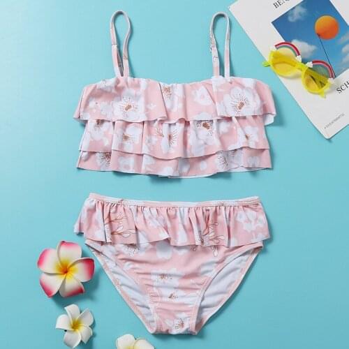 Toddler Baby Girls Two-piece Swimwear Summer Swimming Clothes 2pcs Children Pink Floral Beach Bathing Ruffled Bikini Sets