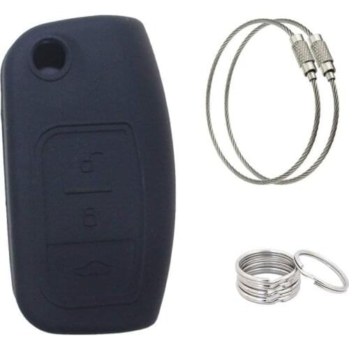 Muchkey Silicone 3 Button Flip Remote Key case Black+Key chain 150mm 2pcs+Key Ring 30mm 5pcs For Ford