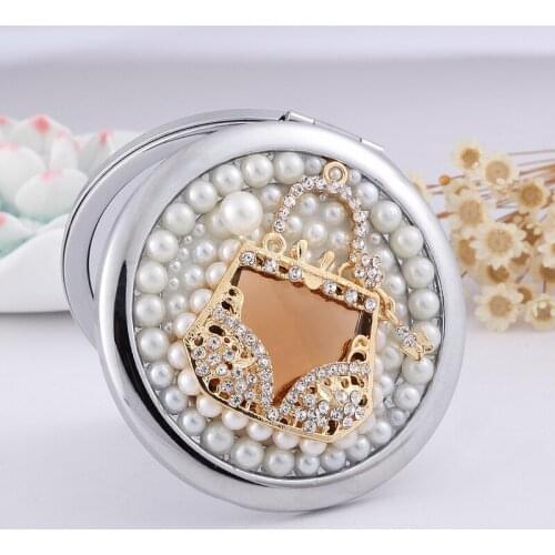 Free Engraving,2 Face Magnifying Mirror Mini Pocket Cosmetic Makeup Mirror,Bling Champagne Crystal Handbag,Women Christmas Gifts